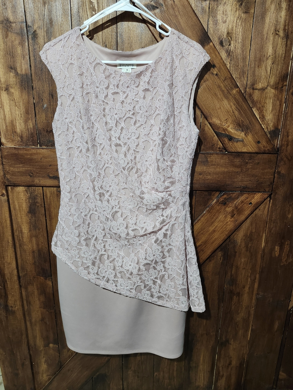 Enfocus Studio Lace Overlay Sheath Dress in Blush Pink